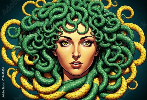 Beautiful cartoon comic art of Medusa Greek roman Myth woman’s head covered with swirling snakes illustration. Generative AI