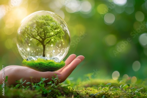 Hand Holding Crystal Globe With Tree Symbolizes Sustainable Global Growth