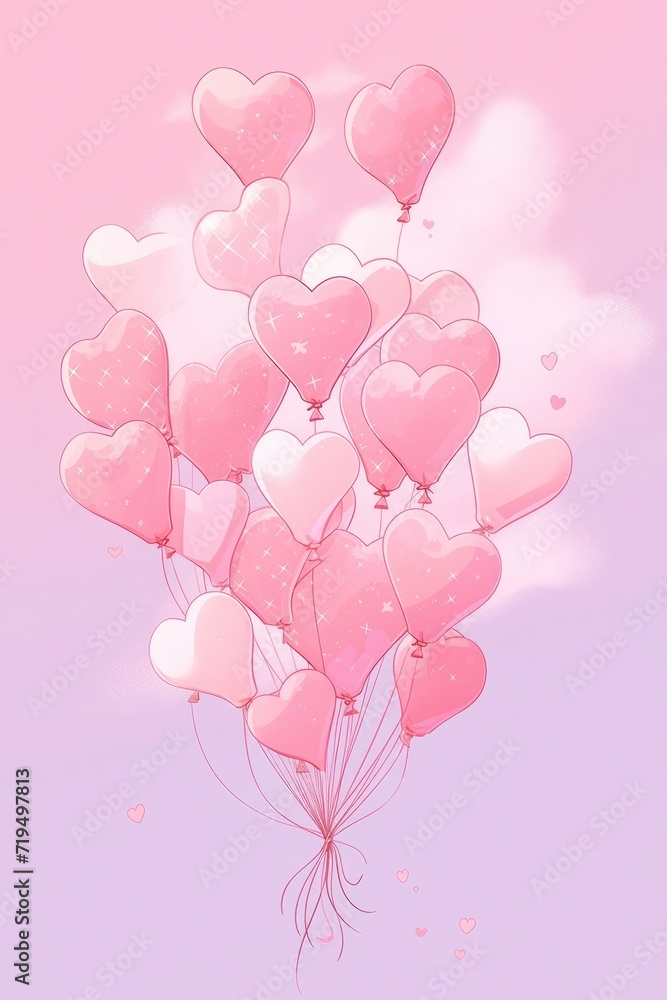 Valentine's Day Anime Concept. Heart-Shaped Balloons on Pastel Pink Background