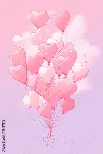 Valentine's Day Anime Concept. Heart-Shaped Balloons on Pastel Pink Background
