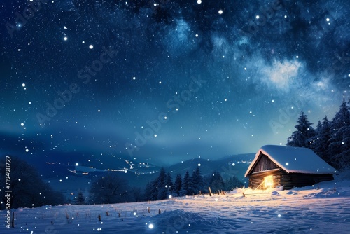 Jesuss Birth On Snowy Night With Manger And Starry Sky photo
