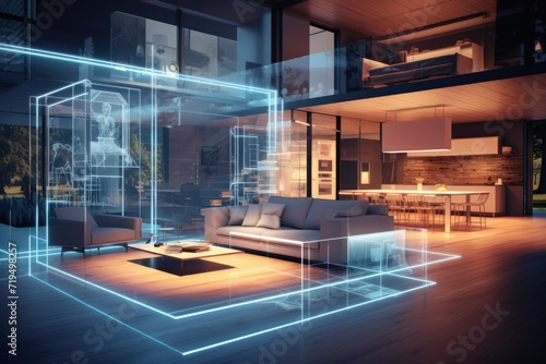 Modern house interior with a digital hologram effect  Interior of modern living room with glowing lights. 3D rendering. AI generated
