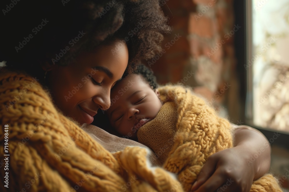 Joyful Black Mother Tenderly Cares For Her Newborn Child In Cozy Home