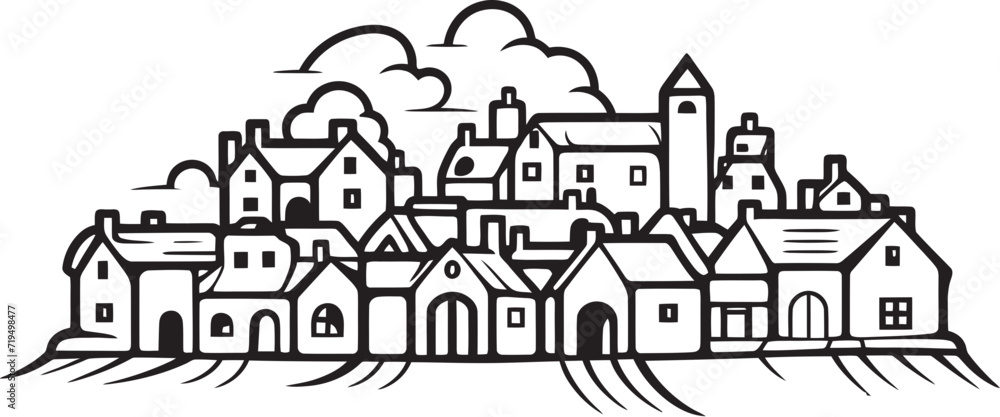 Silhouetted Serenity Vectorized VillagesEnigmatic Elegance Inked Village Vectors