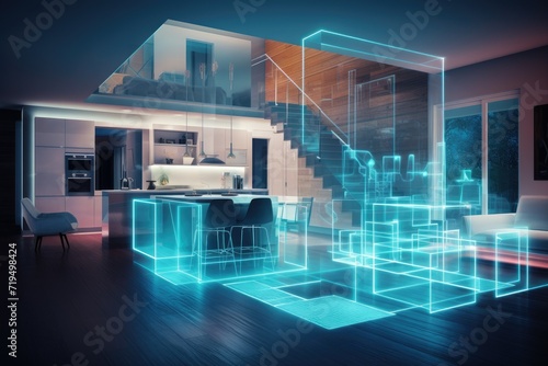 Modern house interior with a digital hologram effect, Interior of modern living room with glowing lights. 3D rendering. AI generated © Tanu