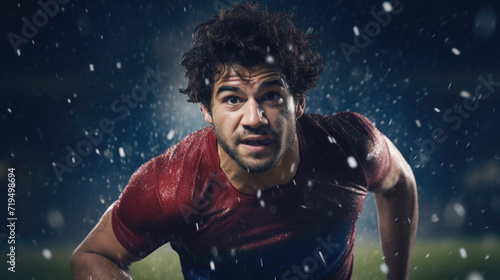 Man wearing red shirt running in rain. This image can be used to depict determination and perseverance in adverse weather conditions