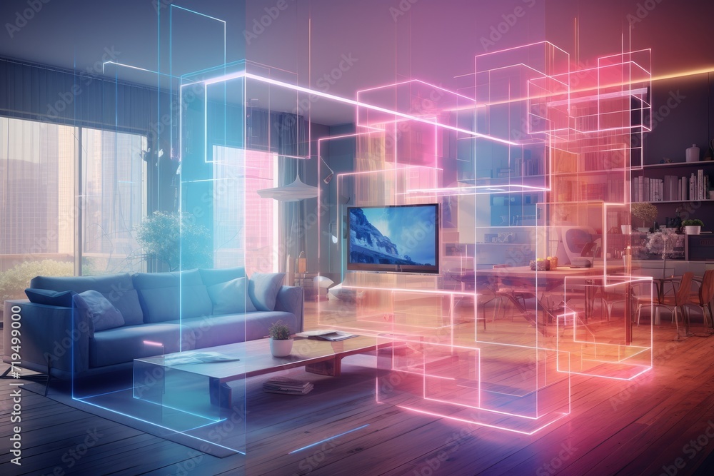 Modern house interior with a digital hologram effect, Interior of modern living room with glowing lights. 3D rendering. AI generated Modern house interior with a digital hologram effect, Interior of modern living room with glowing lights. 3D rendering. AI generated