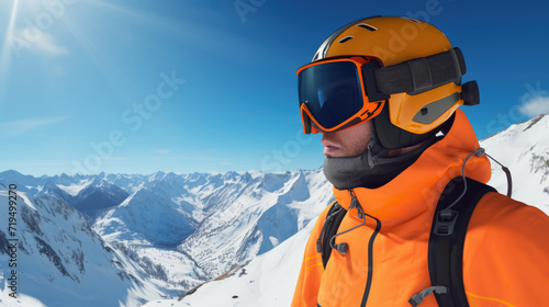 Man wearing orange jacket and goggles is pictured on mountain. This image can be used to depict outdoor activities, adventure, and mountain sports © vefimov