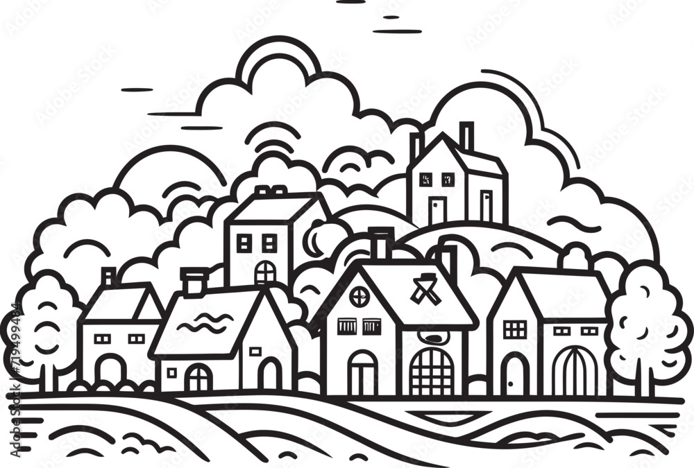 Charcoal Charm Vectorized Village VistasInk Stained Villages Black Vector Artistry
