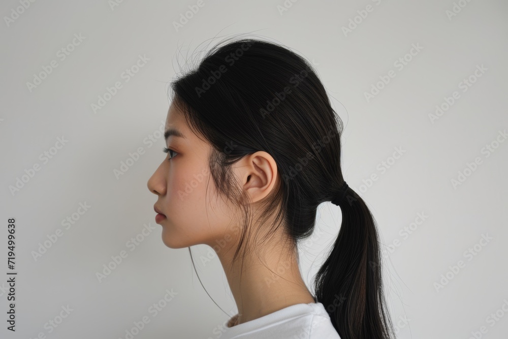 Elegant Side View Of A Ponytailed Young Asian Woman On A White Background Elegant Side View Of A Ponytailed Young Asian Woman On A White Background