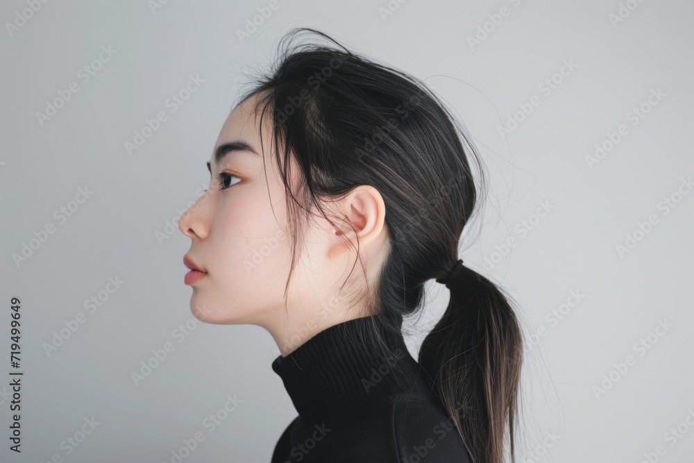 Elegant Side Profile Of A Ponytailed Asian Woman On A White Background Elegant Side Profile Of A Ponytailed Asian Woman On A White Background
