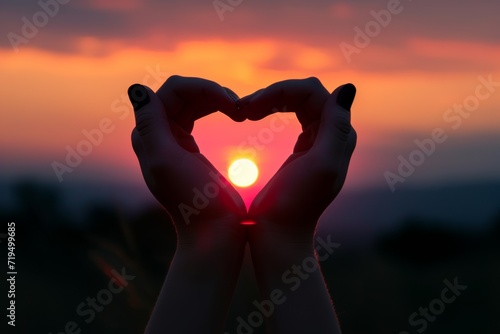 Embracing Love  Silhouetted Hands Hold Symbol Beneath Picturesque Sunset