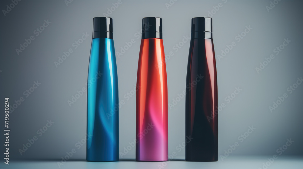Three different colored bottles sitting next to each other. Ideal for product branding and advertising Three different colored bottles sitting next to each other. Ideal for product branding and advertising