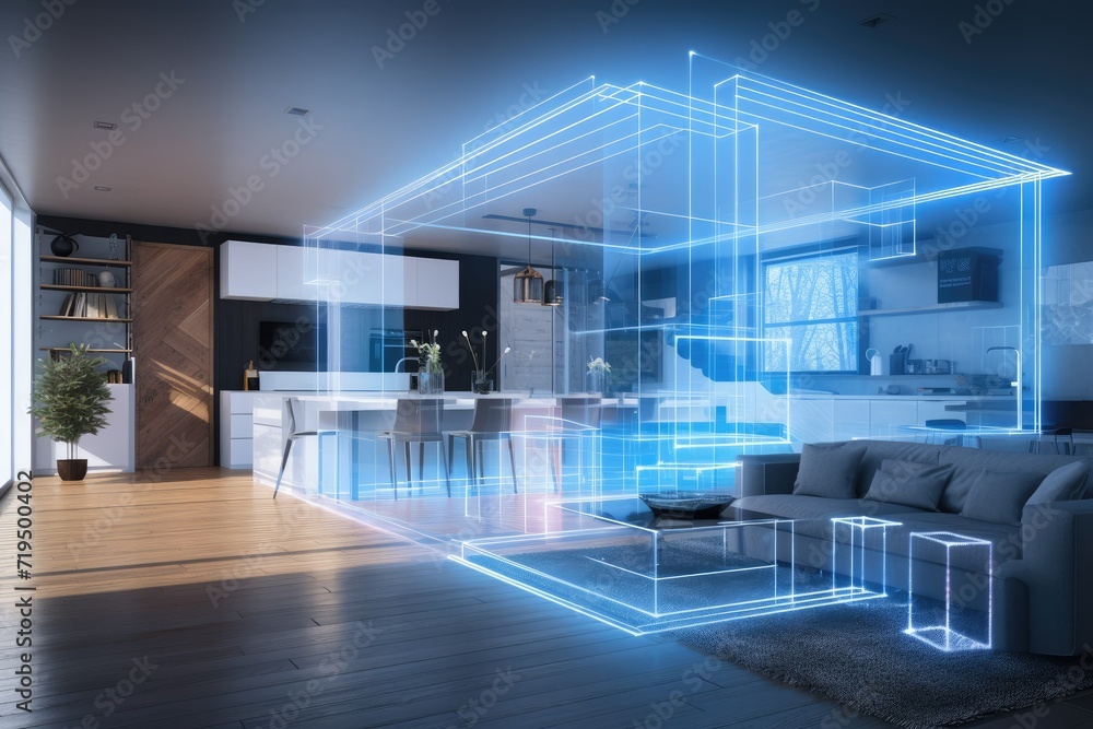 Modern house interior with a digital hologram effect, Interior of modern living room with glowing lights. 3D rendering. AI generated