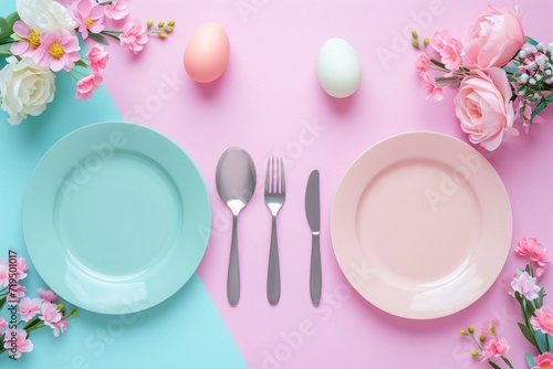 Composition Of Empty Dishes, Easter Eggs, Cutlery, And Easter Bouquet On Pastel Background In A Vertical Photo