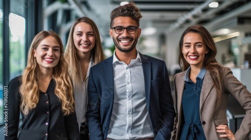 Portrait of laughing bussines team standing in office room. 