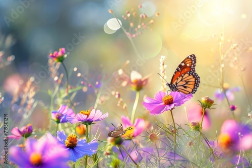 Embracing The Beauty Of Nature  Vibrant Cosmos Flowers And Butterflies In A Sunlit Meadow