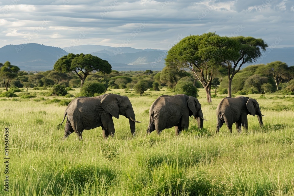 Wild Elephants Roam The Savanna Of Tarangire National Park In Tanzania, East Africa Wild Elephants Roam The Savanna Of Tarangire National Park In Tanzania, East Africa