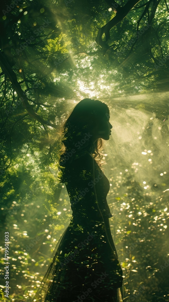 female silhouette merging with the green forest landscape symbolizing the spirit of the earth and nature. Double exposure. Respect and caring attitude towards nature. Day, hour of the Earth