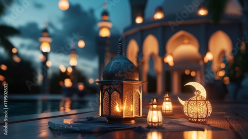 the Spirit of Ramadan, Featuring a Mosque, Crescent Moon, and Lanterns, Enhanced by Meticulous Lighting and Shadows for Depth and Realism