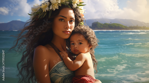 Beautiful Hawaiian mother with baby by coastal view. AAPI Heritage. photo