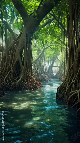 Serene water flows through the dense roots of a mangrove forest, teeming with life.
