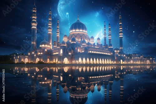 The beautiful serene mosque at night , serene mosque at night in the blessed jummah Mubarak. AI generated