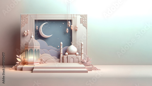 3D Ramadan Kareem celebration background illustration with a crescent moon and lanterns.