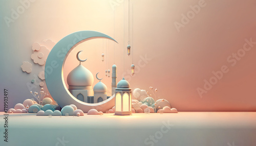 3D Ramadan Kareem celebration background illustration with a crescent moon and lanterns.