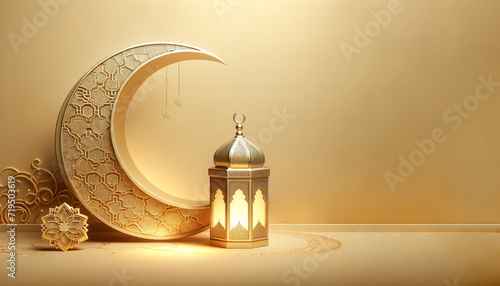 3D Ramadan Kareem celebration background illustration with a crescent moon and lanterns.
