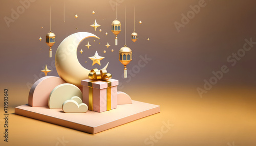 3D Ramadan Kareem celebration background illustration with a crescent moon, hanging lanterns, stars, clouds, and a beautifully wrapped gift.
