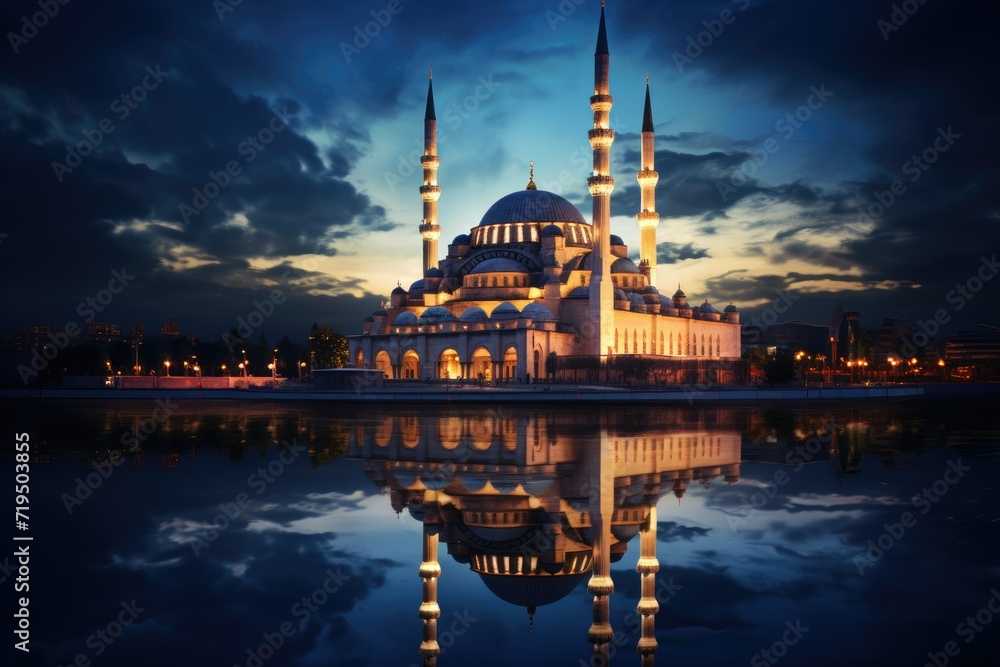 Fototapeta premium The beautiful serene mosque at night , serene mosque at night in the blessed jummah Mubarak. AI generated