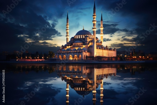 The beautiful serene mosque at night , serene mosque at night in the blessed jummah Mubarak. AI generated photo
