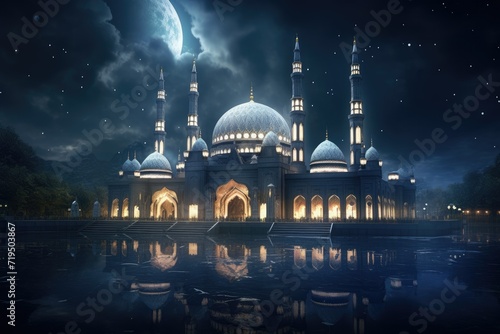The beautiful serene mosque at night   serene mosque at night in the blessed jummah Mubarak. AI generated