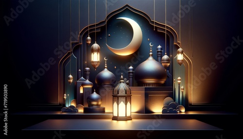 Ramadan Kareem celebration background illustration with Mosque, arabic lanterns and moon.