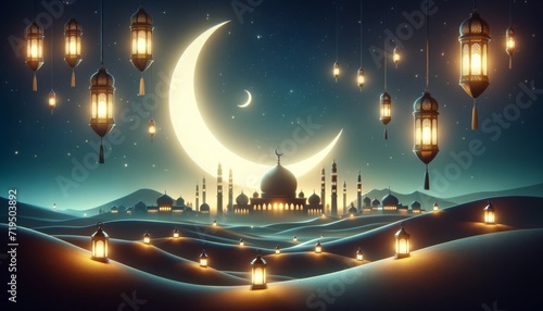 Ramadan Kareem celebration background illustration with Mosque, arabic lanterns and moon.