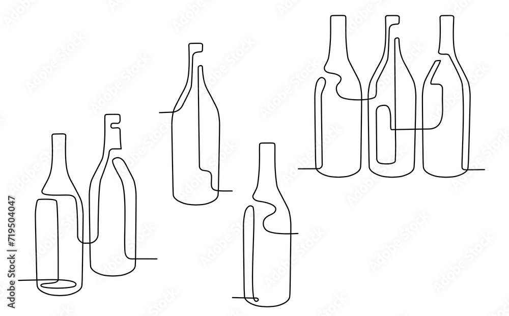 Vector illustration set of abstract Wine Bottles. Continuous line drawing style.Element for background, cover, poster, print, banner, card,restaurant menu, invitation for an event, festival, party. Vector illustration set of abstract Wine Bottles. Continuous line drawing style.Element for background, cover, poster, print, banner, card,restaurant menu, invitation for an event, festival, party.