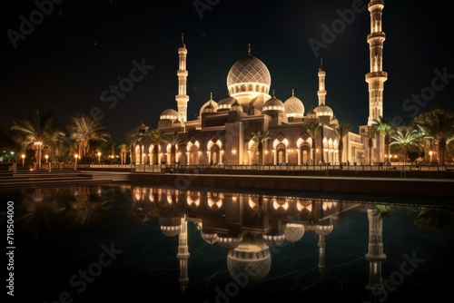 The beautiful serene mosque at night , serene mosque at night in the blessed jummah Mubarak. AI generated