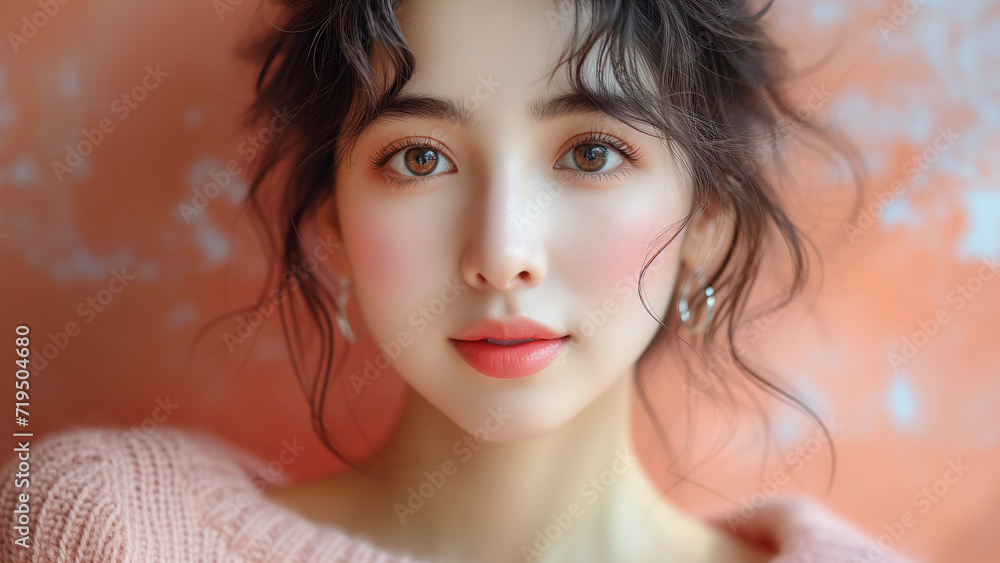 Portrait of a young asian model wearing a peach cashmere V-neck sweater on a peach background. Portrait of a young asian model wearing a peach cashmere V-neck sweater on a peach background.