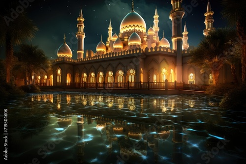 The beautiful serene mosque at night The beautiful serene mosque at night in the blessed month of Ramadan. AI generated