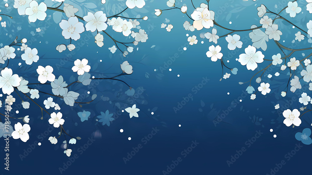 A blue background with white flowers and dots