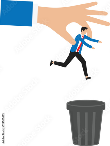 Unnecessary employees and reduction staff, Dismissal of employees and Crisis in the company, The boss throws an employee to the trash can concept,
