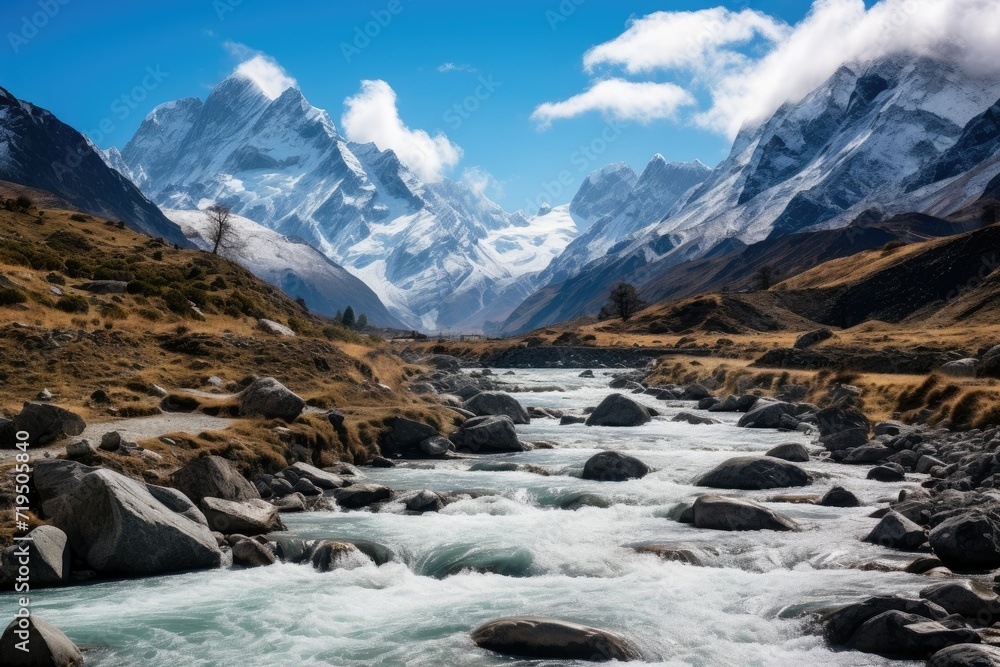 Mountain river in the Himalayas, Mountain landscape with river and blue sky in Himalayas ,Baishui River. Ai generated