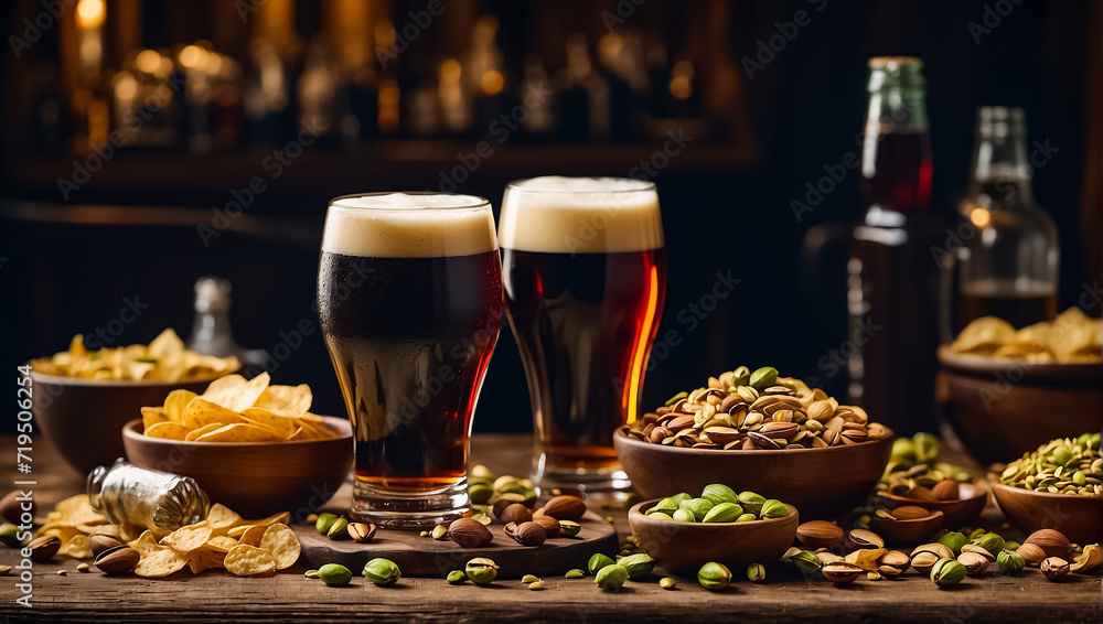 glasses with dark beer, various snacks on the table refreshment