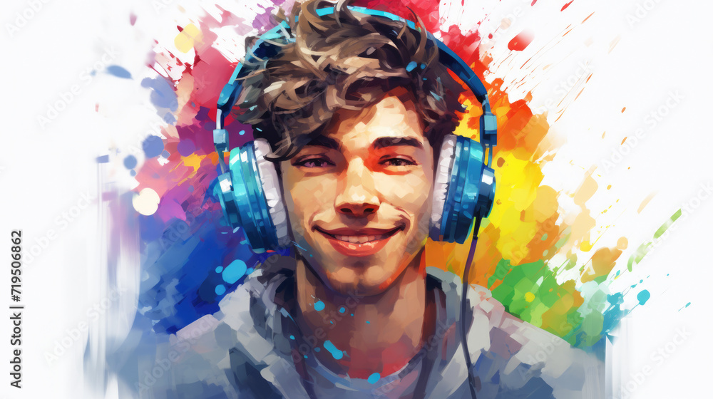 Young man wearing headphones with smile on his face. Perfect for music enthusiasts or anyone enjoying their favorite tunes.