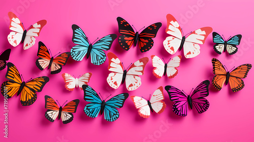 A bunch of colorful butterflies on a pink and white striped background