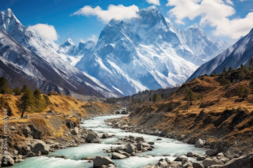 Mountain river in the Himalayas, Mountain landscape with river and blue sky in Himalayas ,Baishui River. Ai generated