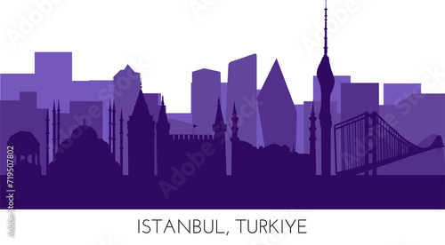 Silhouettes of Istanbul, vector illustration. Famous architecture landmarks Topkapi palace, Sultanahmet Mosque, German fountain, Galata Tower, TV tower, Bosphorus Bridge photo