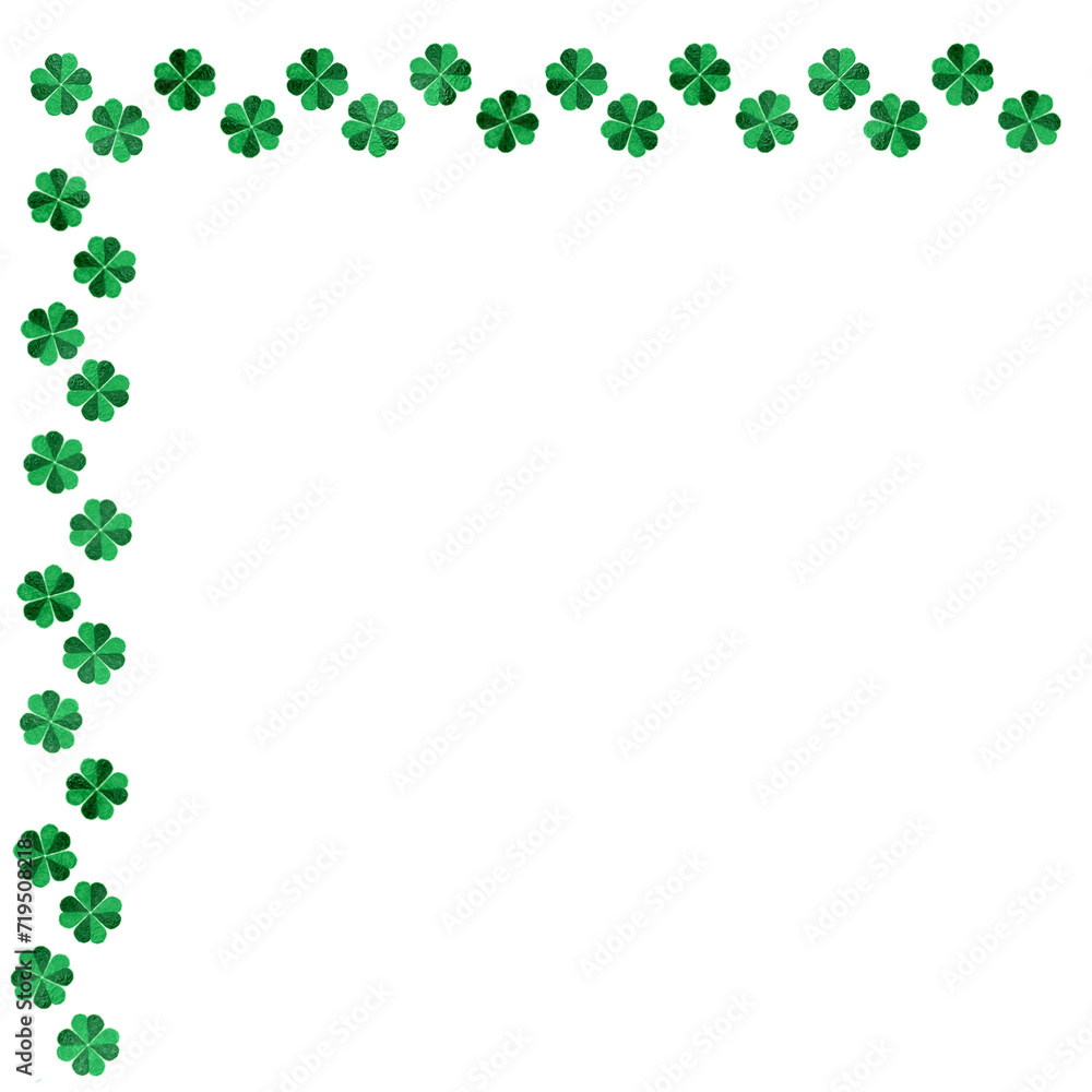 Foil shamrock edge, transparent page decoration of metallic four leaf clover for St Patrick's Day Foil shamrock edge, transparent page decoration of metallic four leaf clover for St Patrick's Day