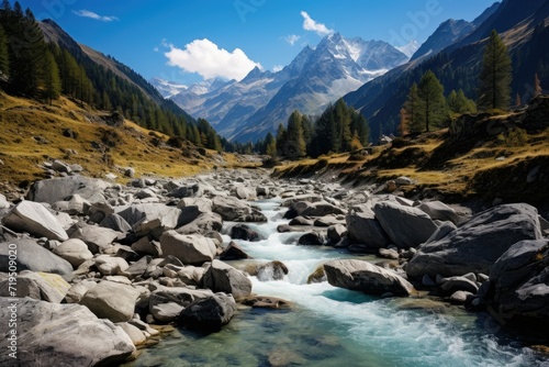 Mountain river in the Himalayas, Mountain landscape with river and blue sky in Himalayas ,Baishui River. Ai generated